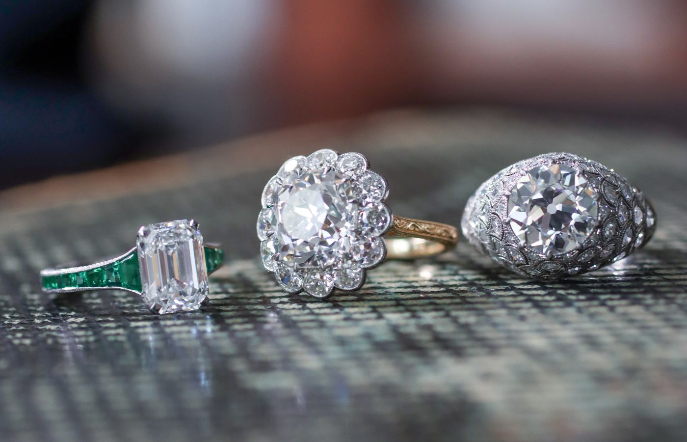 A selection of Hancocks antique rings including a 2.85-ct Emerald-cut diamond and emerald ring, a 5.08-ct Old Mine Cushion-cut diamond Cluster ring and a 3.12-ct Old European Brilliant-cut diamond Bombe Style ring 