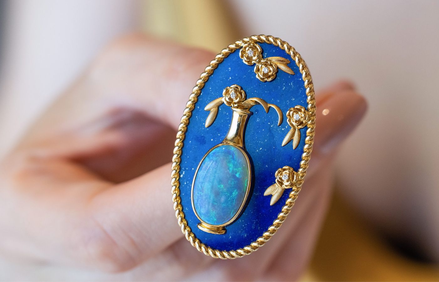  A closer look at a black opal, lapis lazuli and diamond-set brooch by Cindy Xu