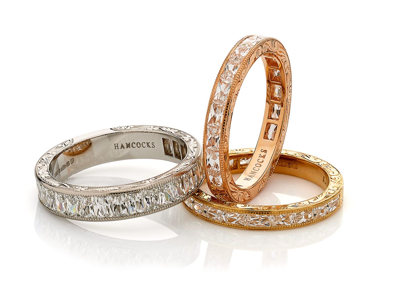 Selection of Hancocks rings in gold, white gold, rose gold and diamonds