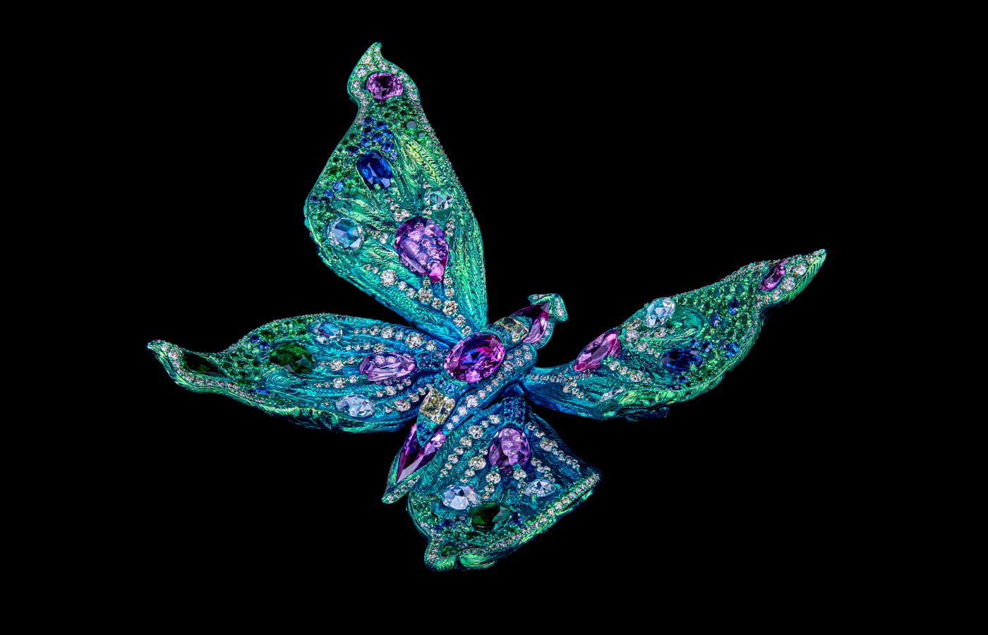 Wallace Chan The Joy of Life brooch with an oval-shaped pink sapphire, further sapphires, tsavorite garnets, yellow and colourless diamonds, and pearls in titanium