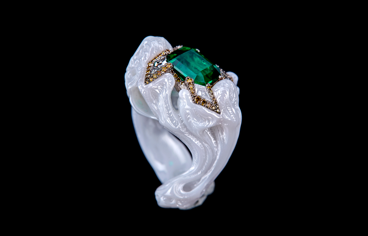 Wallace Chan Soaring Clouds ring with a 4.81-carat emerald, surrounded by diamonds and yellow diamonds in The Wallace Chan Porcelain and titanium