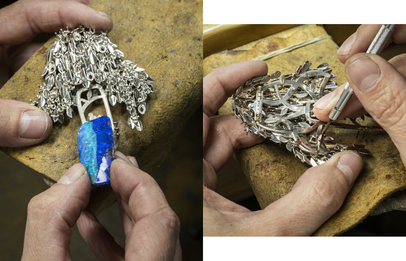  Making of the Van Cleef & Arpels Feuillage rêveur clip in white gold, featuring a 39.80-ct boulder opal from Le Grand Tour collection 