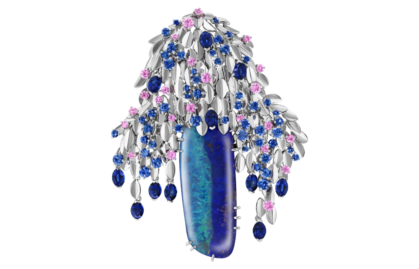 Van Cleef & Arpels Feuillage rêveur clip in white gold, featuring a 39.80-ct boulder opal from Le Grand Tour collection 