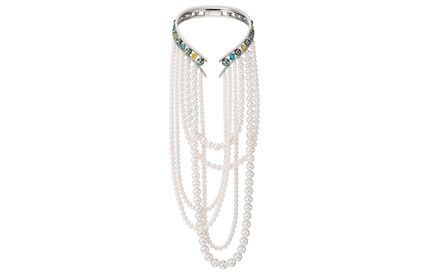 Tasaki Ocean Light necklace with Akoya pearls, black South Sea pearls, blue zircon, yellow tourmalines and round brilliant-cut diamonds, from the Atelier 6 Nature Spectacle High Jewellery collection