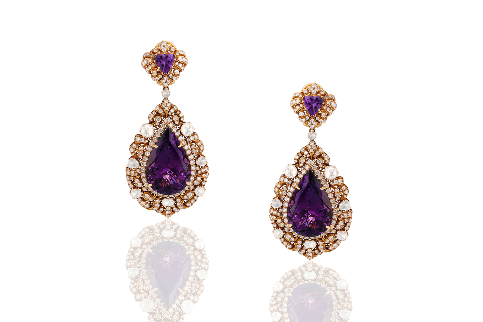  A pair of earrings with pear-shaped amethysts by Hazoorilal Legacy