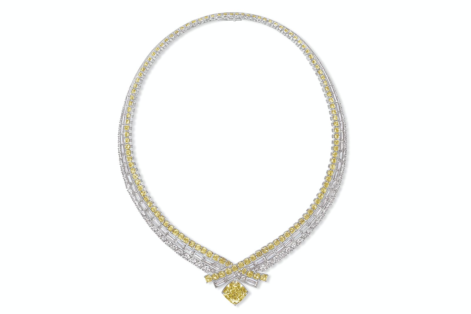   The Harry Winston Marquess High Jewellery necklace features three rows of diamonds leading the eye to a 15.32 carat yellow diamond centre stone