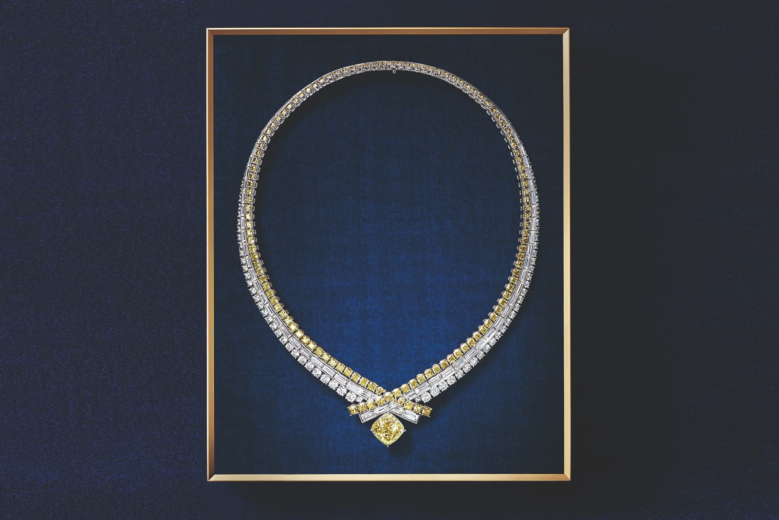 The Harry Winston Marquess High Jewellery necklace with a 15.32 carat cushion-cut yellow diamond, 123 cushion-, oval- and round brilliant-cut yellow diamonds of 34.20 carats, and 197 baguette- and round brilliant-cut diamonds for 50.72 carats, set in platinum  