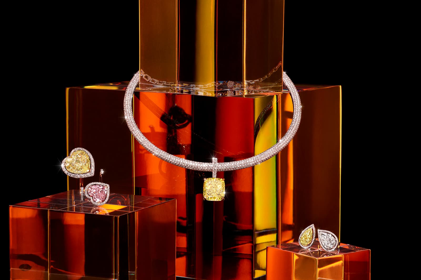  The Joy Cœur set from the Messika Midnight Sun High Jewellery collection, including a yellow diamond necklace of 37.34 carats and a toi et moi ring with a 16.18 carat heart-shaped yellow diamond