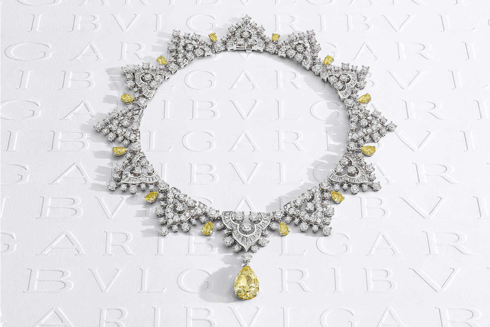 The Tribute to Venice necklace with a 15.38 carat fancy yellow diamond drop from the East Meets West chapter of the Bulgari Mediterranea High Jewellery collection