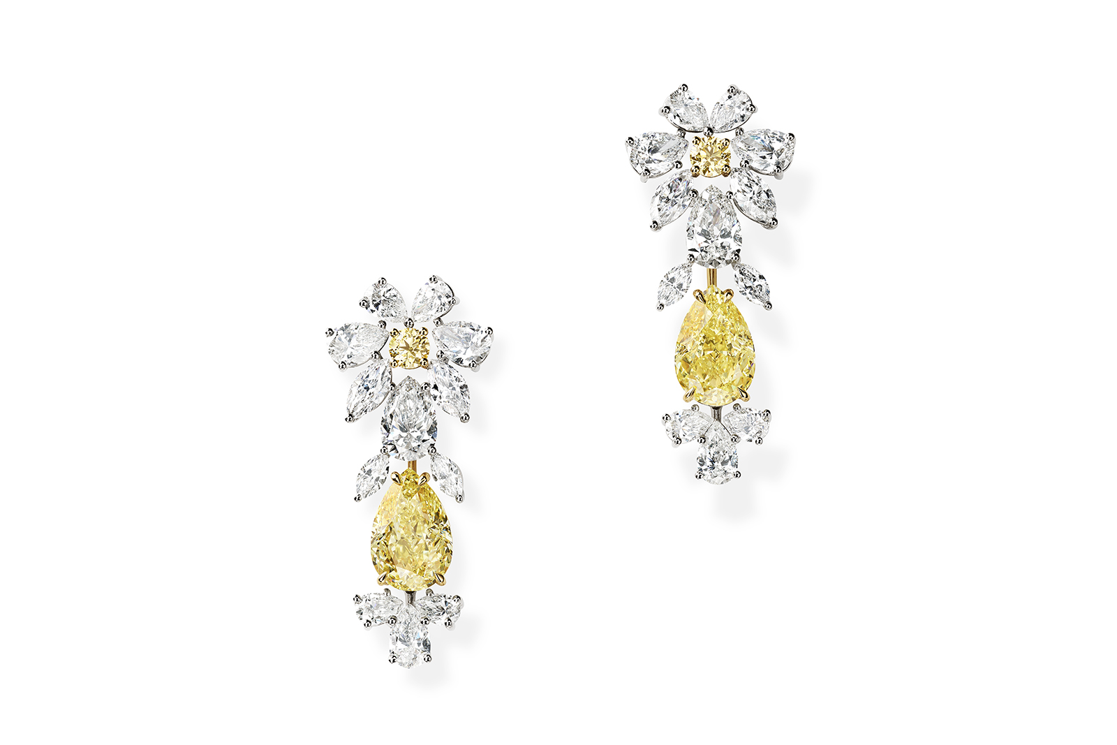  Chopard earrings from The Red Carpet collection featuring pear-shaped fancy yellow diamonds totalling 11.83 carats, round-shaped fancy light yellow diamonds and marquise-cut white diamonds set in 18k yellow and white gold 