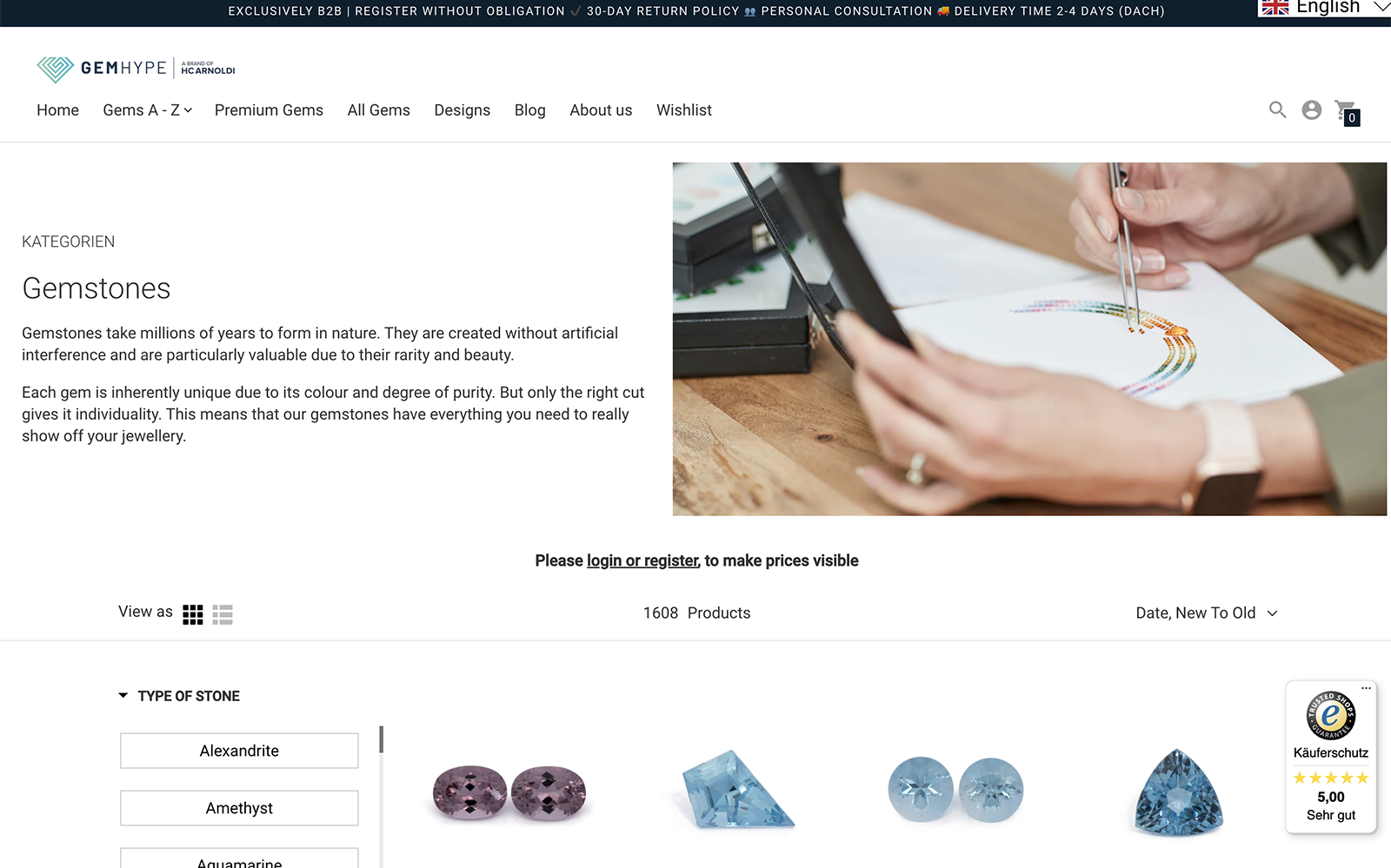  Browsing gemstones on offer on the Gemhype.com website