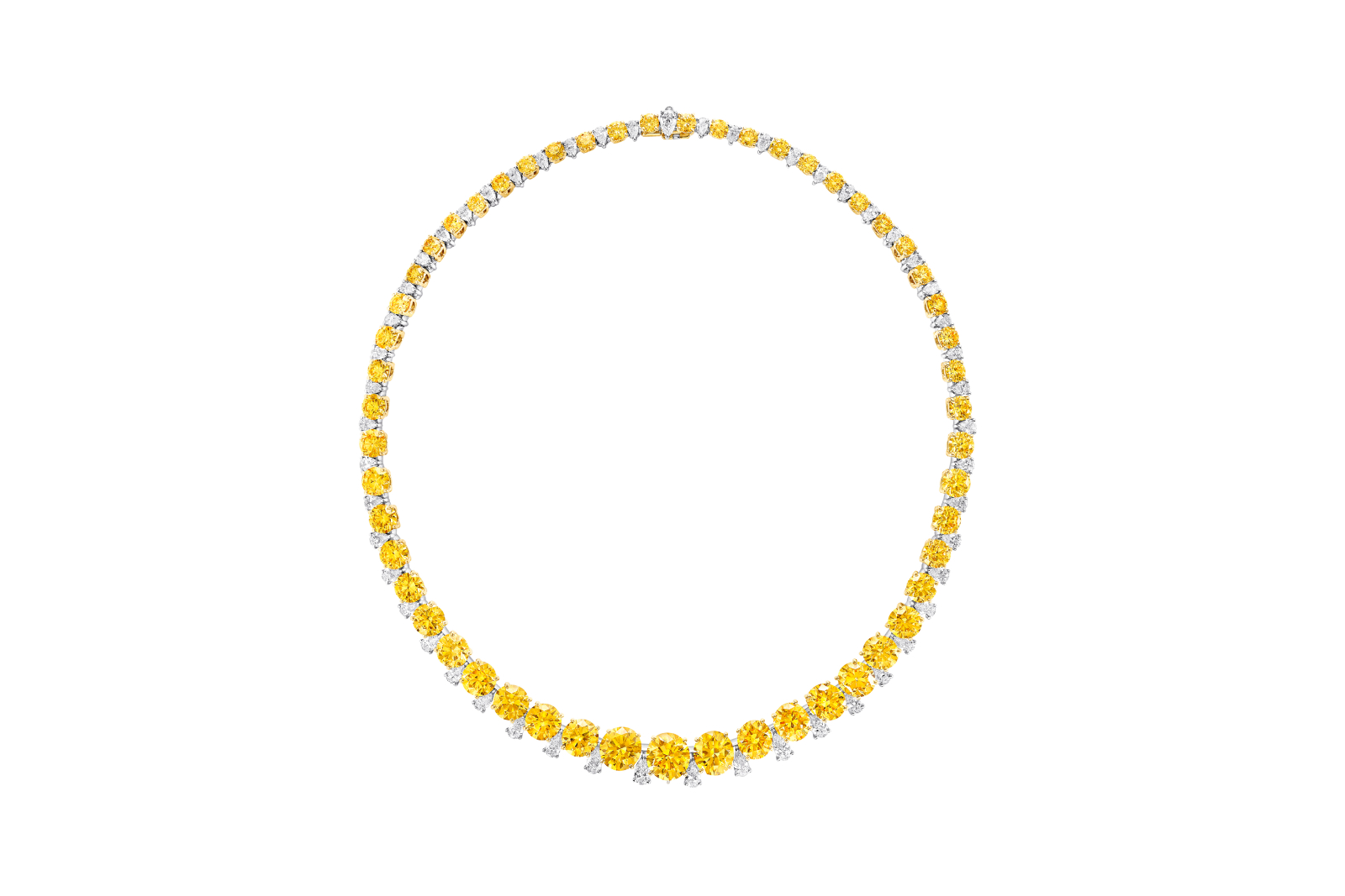  A necklace with round brilliant-cut fancy intense yellow diamonds alternated with pear-shaped colourless diamonds from the Graff Sunrise High Jewellery collection