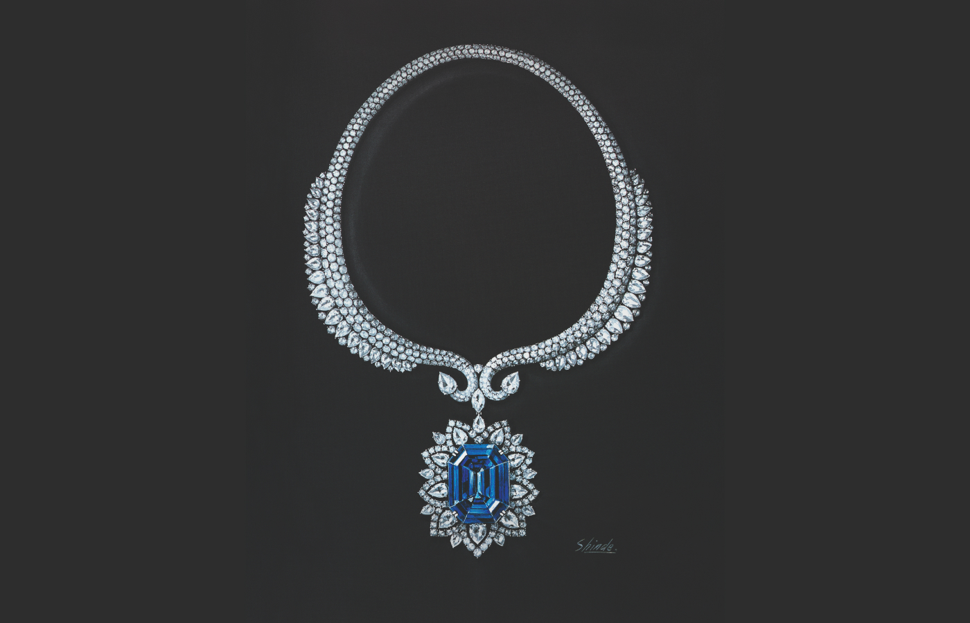  Harry Winston archive drawing of a sapphire and diamond necklace created for a Royal 