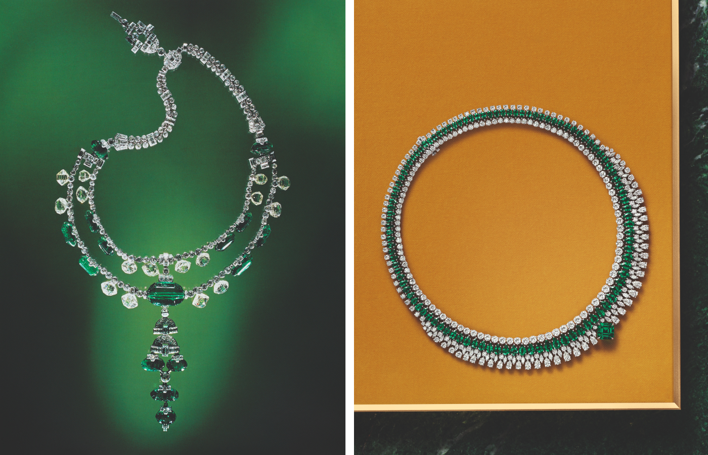 Harry Winston The Baroness necklace in white gold, emerald and diamond from the Royal Adornments collection, alongside a diamond and emerald necklace owned by the Maharaja of Indore in the early 20th century