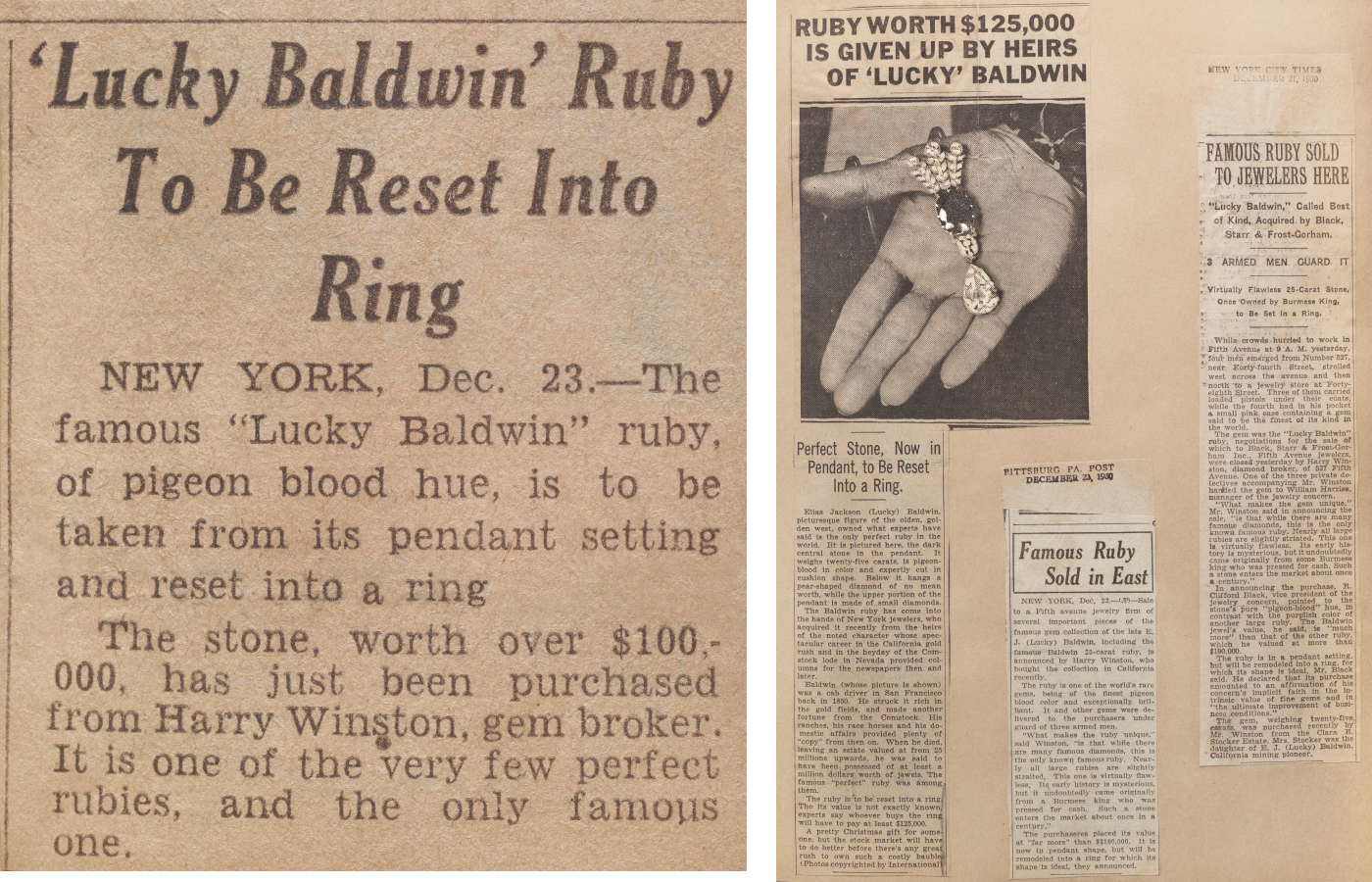  Harry Winston archival newspaper clipping explaining the details of the Baldwin ruby