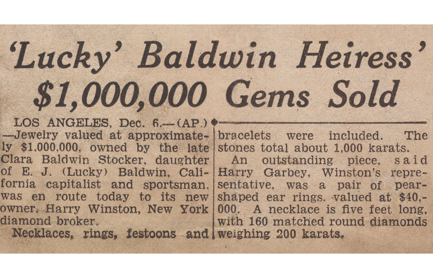  Harry Winston archival newspaper clipping explaining the details of the Baldwin ruby