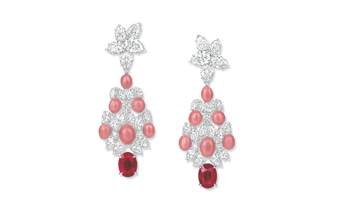  Harry Winston The Dame earrings in white gold, ruby, conch pearl and diamond from the Royal Adornments collection