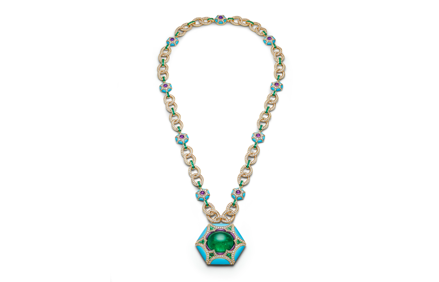  Bulgari Roman Esedra sautoir from the Roman Splendor chapter of the Mediterranea High Jewellery collection with a 68.88-carat emerald cabochon, amethysts, turquoises, further emeralds and diamonds 