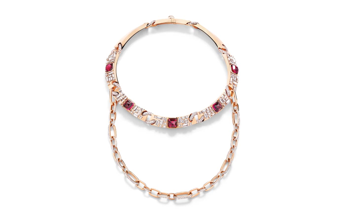  The Pomellato Castello necklace in rose and white gold, rubellites and diamonds from the Ode to Milan High Jewellery collection