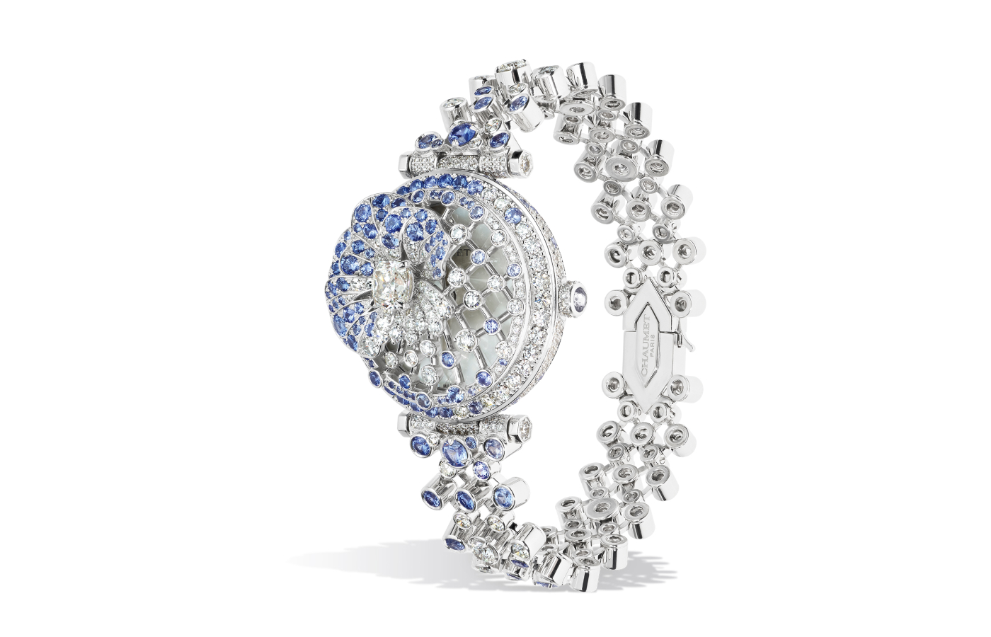  Chaumet Pensees secret watch from the Le Jardin de Chaumet High Jewellery collection with bezel-set diamonds and sapphires in an elaborate chain-like bracelet strap