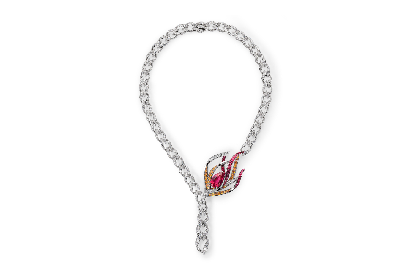 Chaumet Tulipe necklace from the Flowers chapter of the Le Jardin de Chaumet High Jewellery collection, set with a 10.71-carat pear-shaped red spinel, calibrated spinels, spessartite garnets and diamonds 