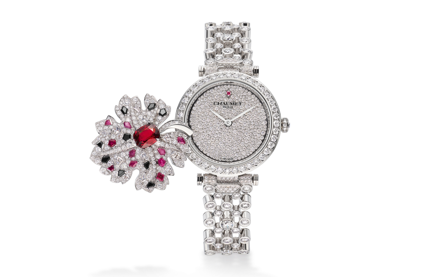  Chaumet Feuille de Vigne secret watch from the Fields chapter of the Le Jardin de Chaumet High Jewellery collection with a bezel-set diamond bracelet strap