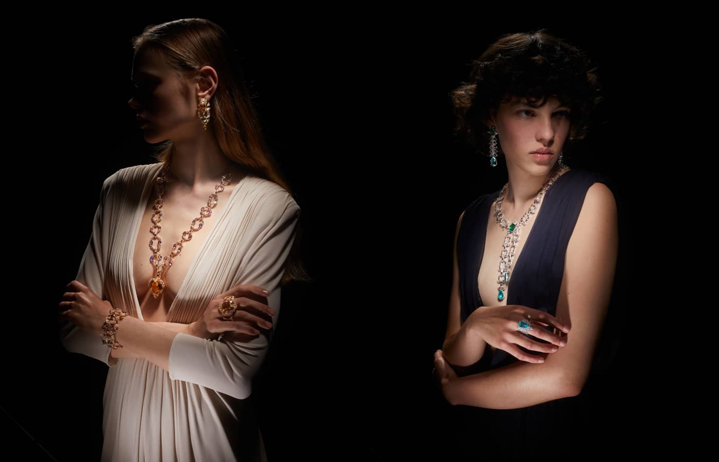  Models wear chain necklaces from the Gucci Allegoria High Jewellery collection