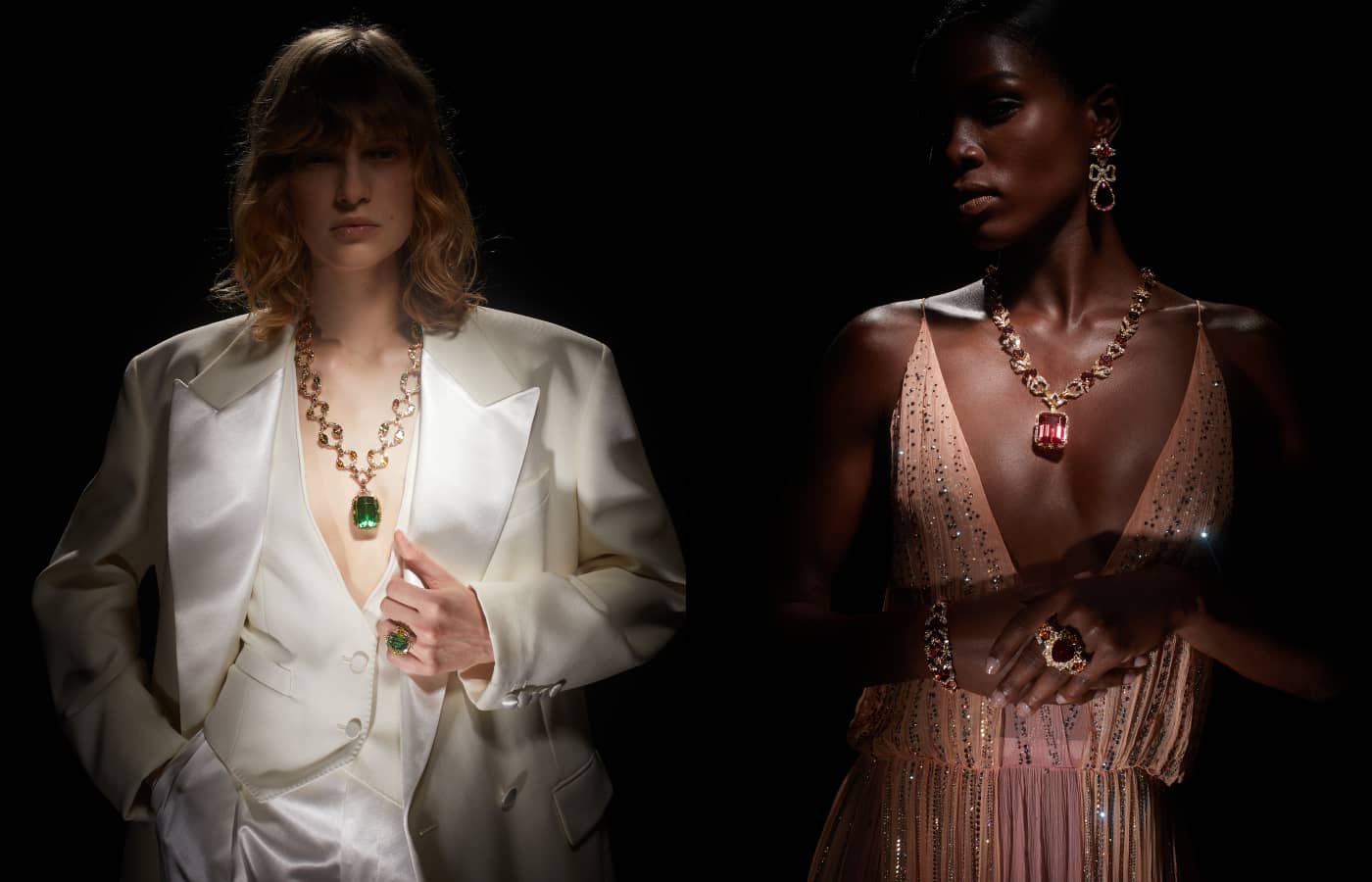 Models wearing  Gucci High Jewellery necklaces, including (left) a piece in gold, green tourmaline, yellow beryls, fancy tourmalines and diamonds from the Gucci Allegoria High Jewellery collection