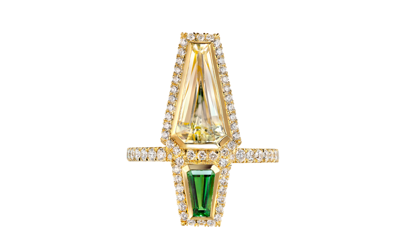  Sabine Roemer Sungazer ring in gold, tsavorite, heliodor and diamond from the Superwoman ring collection 