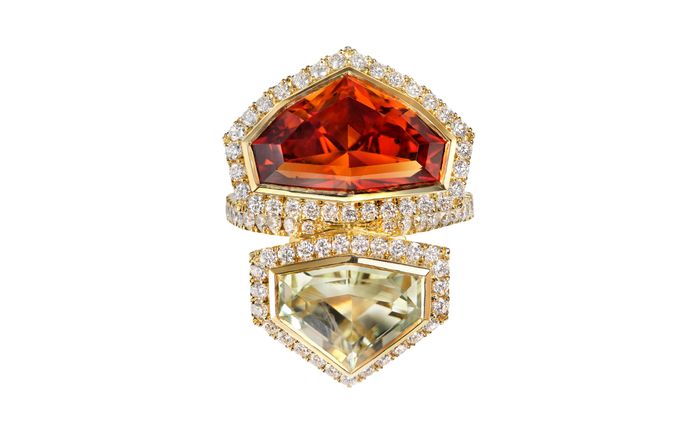 Sabine Roemer Ignite Love, Empower & Friendship ring in gold, garnet, heliodor and diamond from the Superwoman ring collection