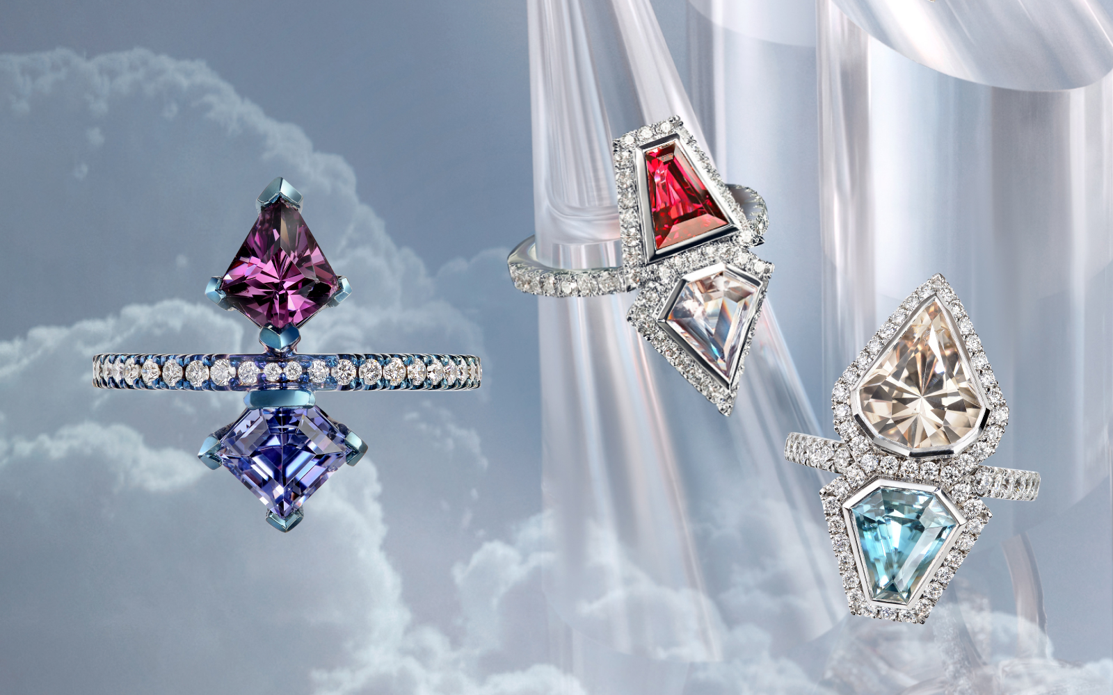 Sabine Roemer Calm & Peace, Unstoppable Fire and Go Deep to Rise rings in white gold, blue rhodium, spinel, sapphire, zircon, morganite and diamond from the Superwoman rings collection