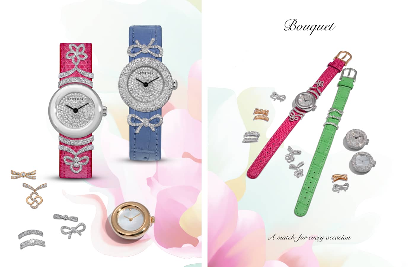 Stenzhorn Bouquet Watches with diamond pave dials and matching gold and white gold charms