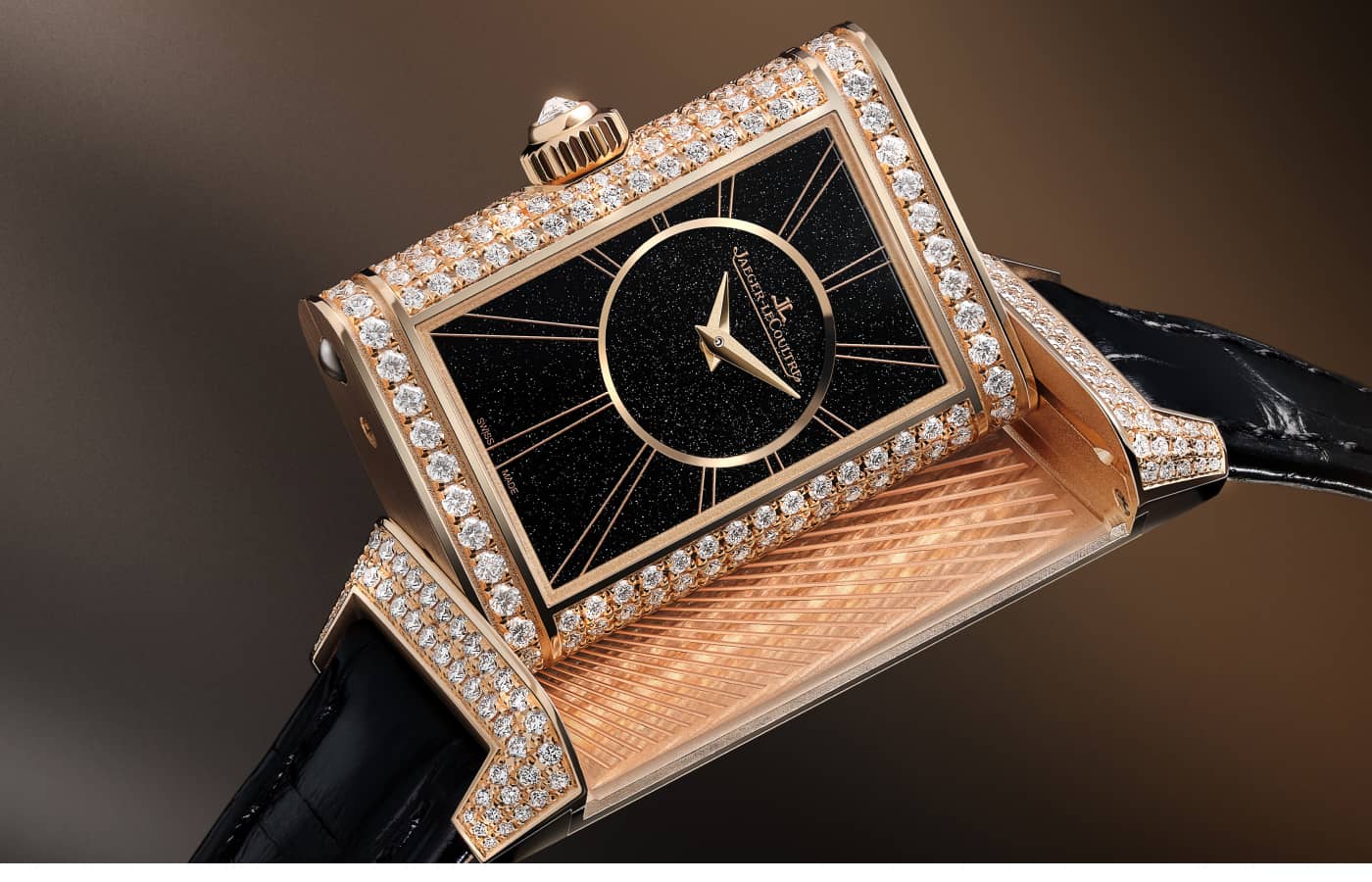  Jaeger-LeCoultre Reverso Classic Small Duetto watch with a pink gold and diamond case and black dial 