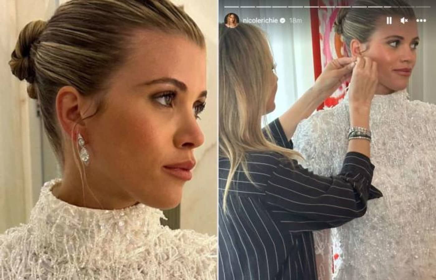 Sofia Richie wearing white gold and diamond earrings her sister made for her wedding