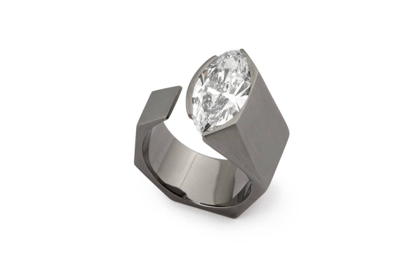  Dina Kamal Transformer Marquise ring in blackened gold featuring a Marquise-cut diamond