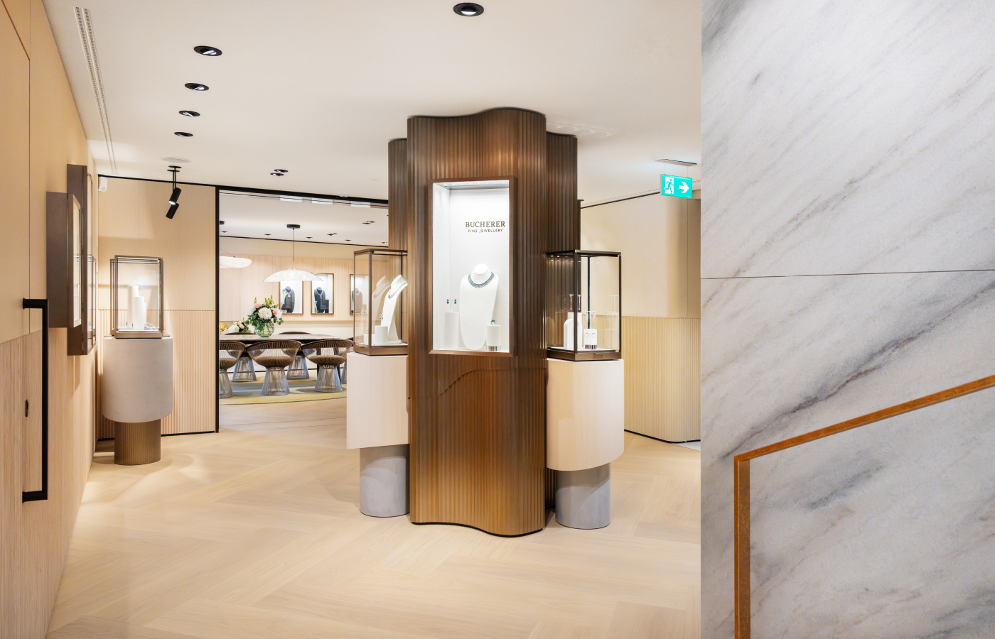  Emerald and diamond pieces on display in the Bucherer Fine Jewellery salon