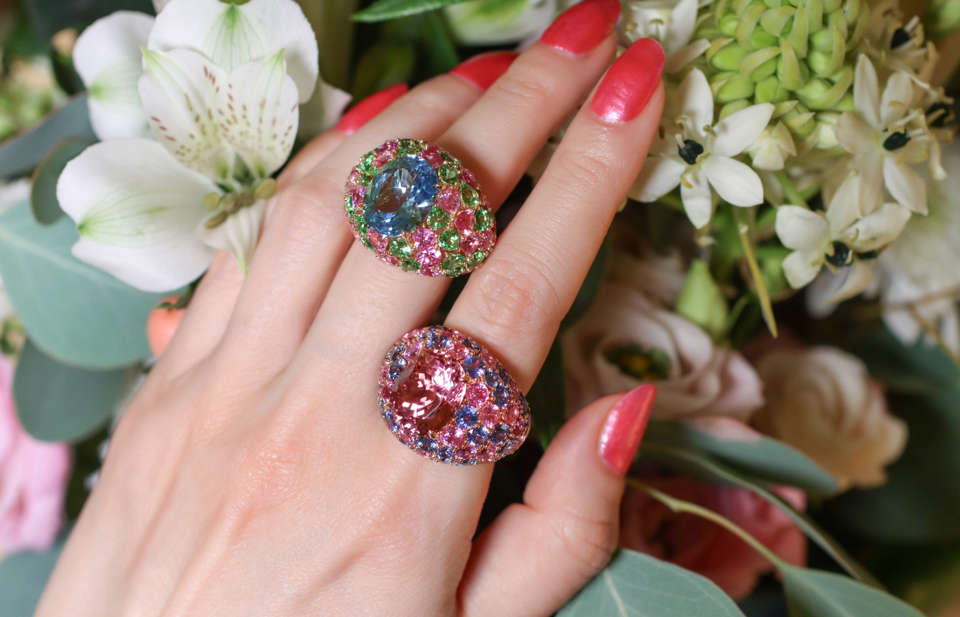 Katerina Perez wearing a selection of Bucherer Fine Jewellery cocktail rings 