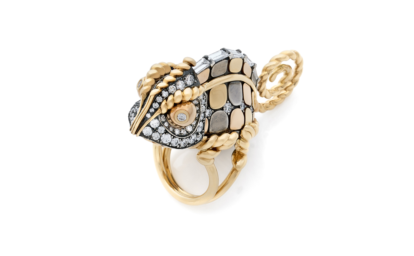  Chameleon ring in rose, yellow gold and silver from Magica Naturae collection by Elie Top