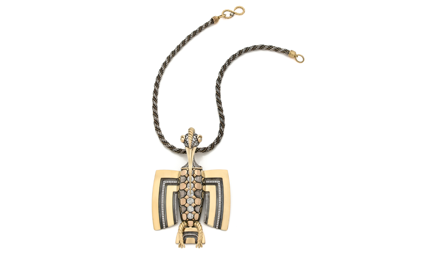  Hornbill pendant with diamonds in yellow gold and silver from Magica Naturae collection by Elie Top
