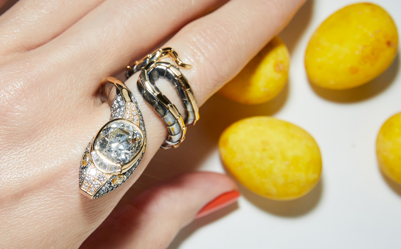 Old mine cut diamond Snake ring by Elie Top