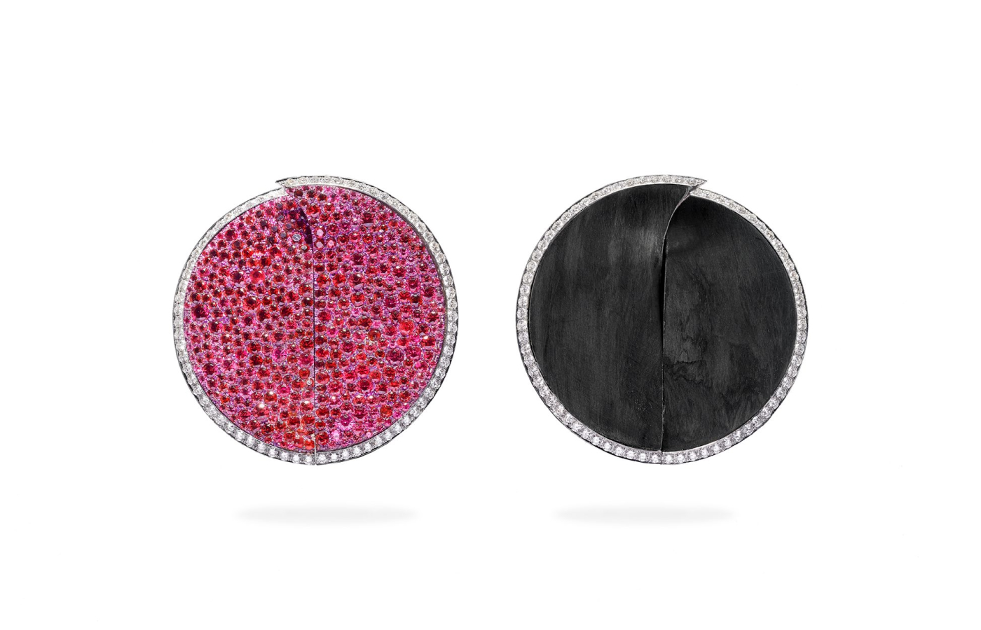  Fabio Salini Disco reversible earrings in titanium, gold, carbon fiber, pink spinels and diamond