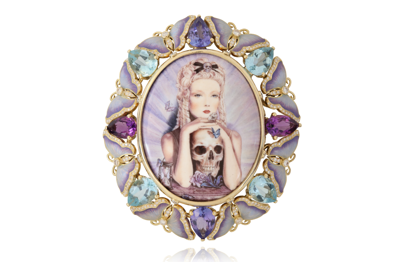 Lydia Courteille Vanitas ring in gold, enamel, amethyst, tanzanite and diamond from the A Natalie collection