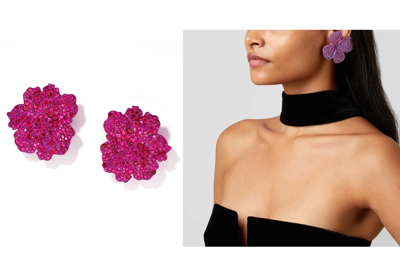 Glenn Spiro Autumn Leaf earrings in titanium, ruby and diamond, alongside model wearing Pansy earrings in titanium and ruby