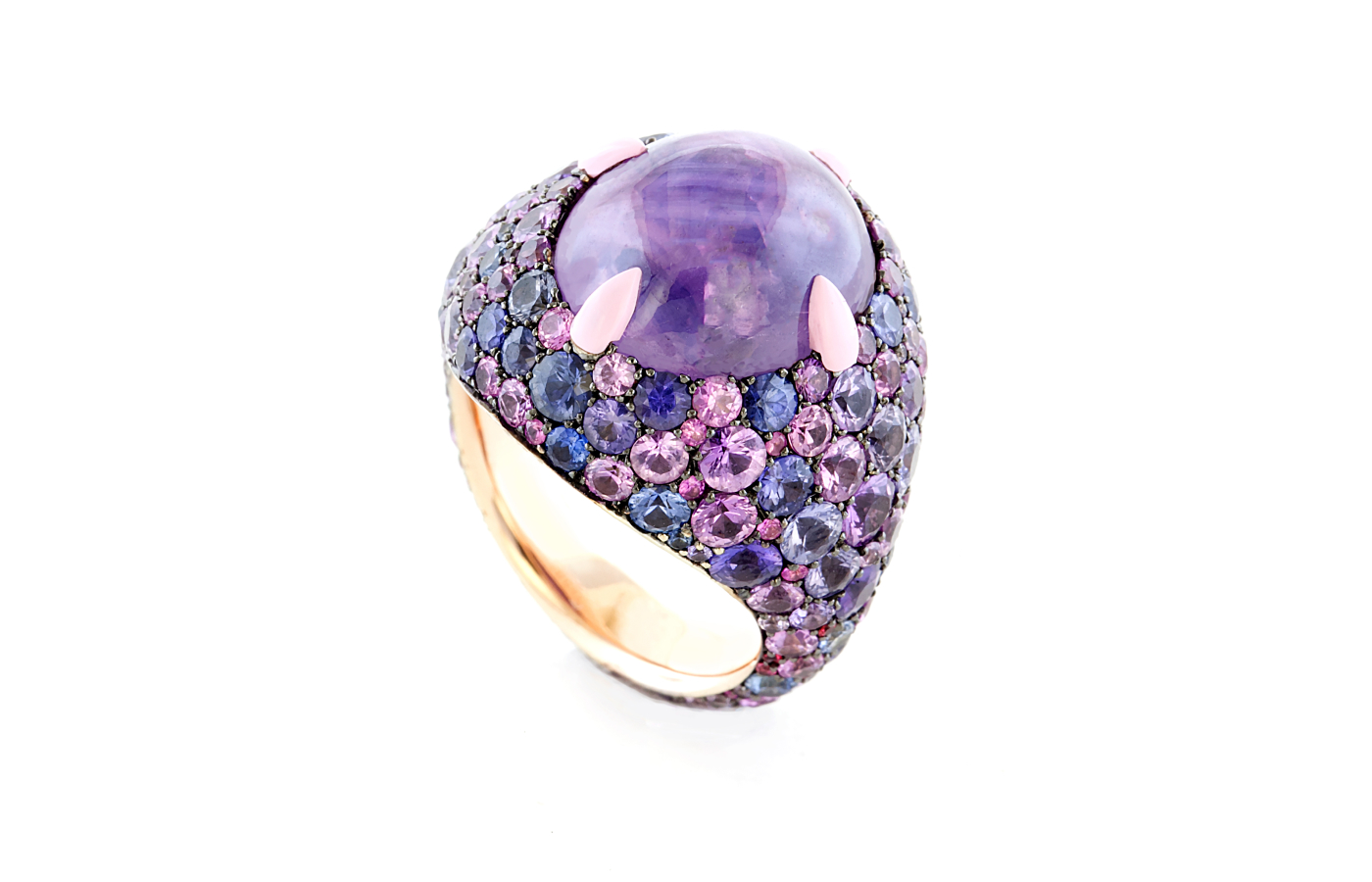 <p>Taffin ring in pink ceramic, blackened white gold, rose gold, featuring a 17.02-ct lavander star sapphire and violet sapphires</p>
