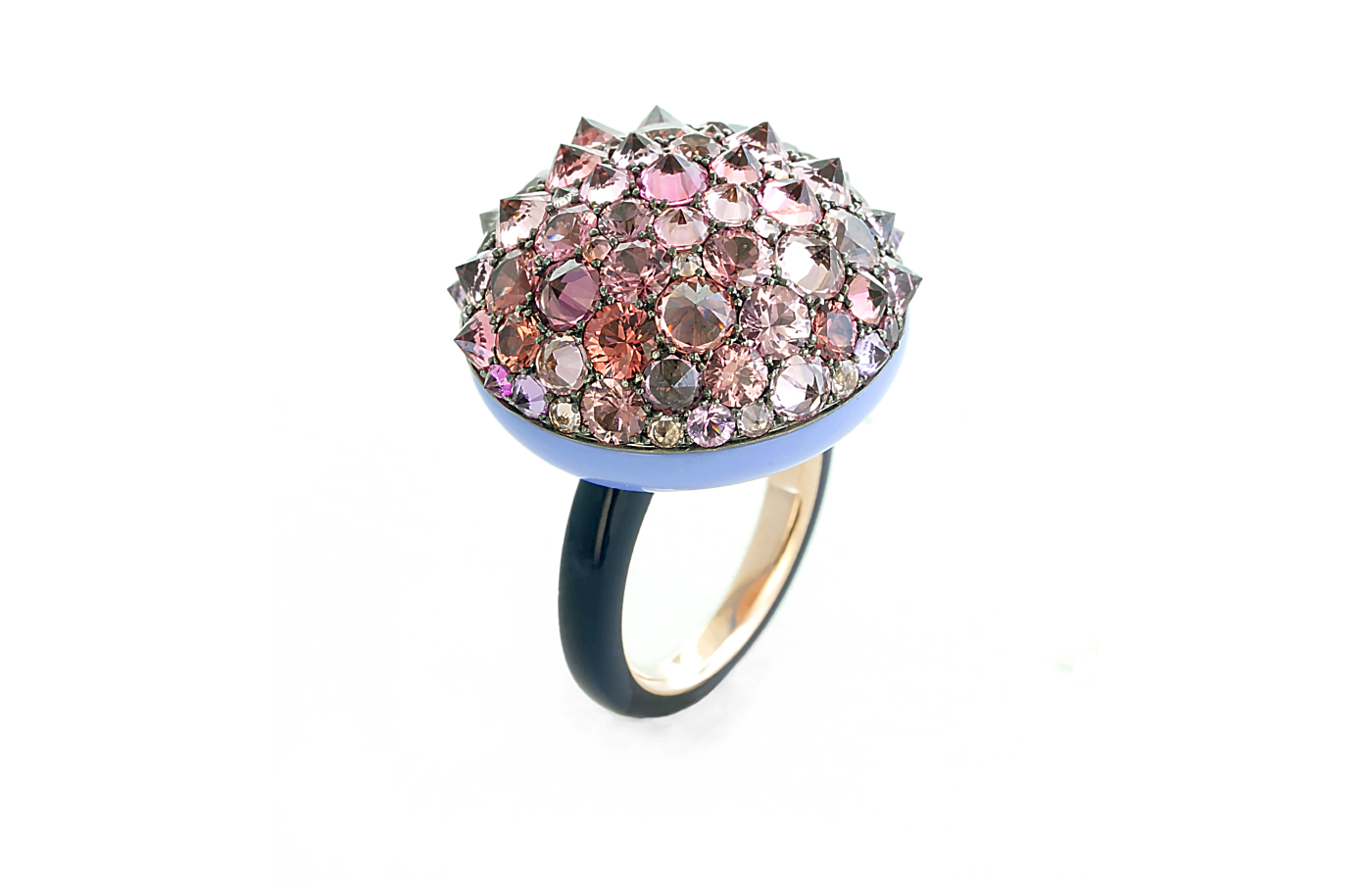 <p>Taffin ring Columbia Blue ceramic, Midnight Blue ceramic, white gold, rose gold, reverse-set spinels and sapphires</p>
