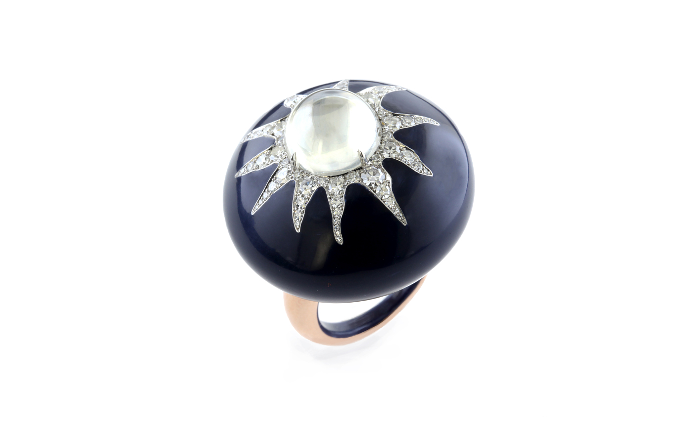 <p>Taffin Sun ring in rose gold, platinum, ceramic, featuring a 6.07-ct cabochon diamond and diamonds</p>
