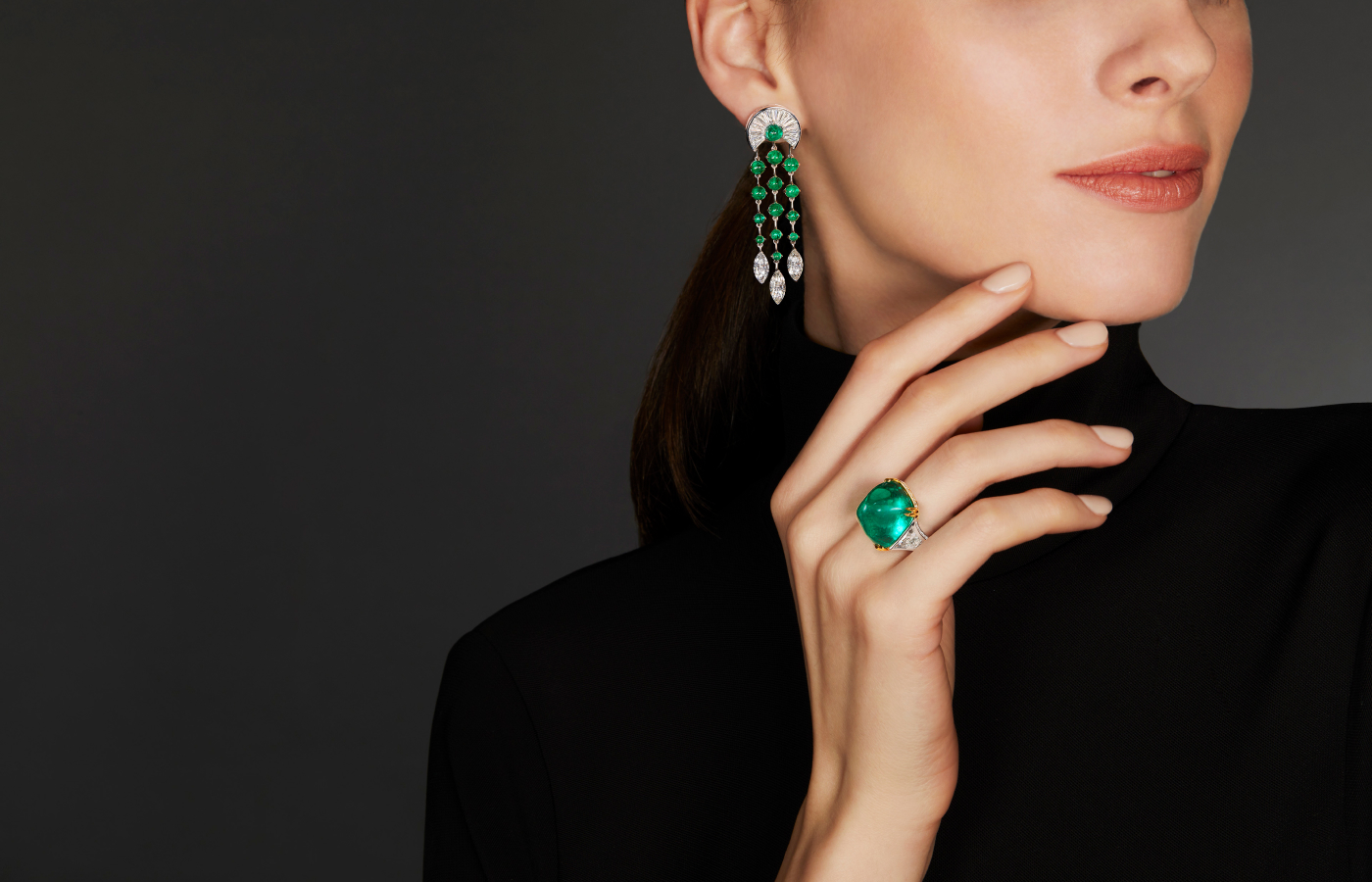 Ronald Abram Emerald Droplet earrings and a 22.88 carat cabochon Colombian emerald ring 