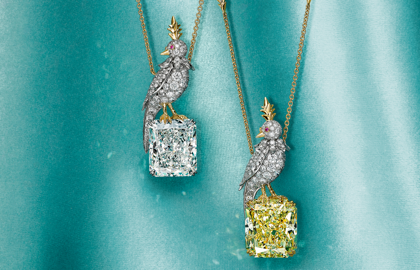Tiffany & Co. Bird on a Rock pendants in gold, yellow gold, ruby, featuring yellow and white diamonds