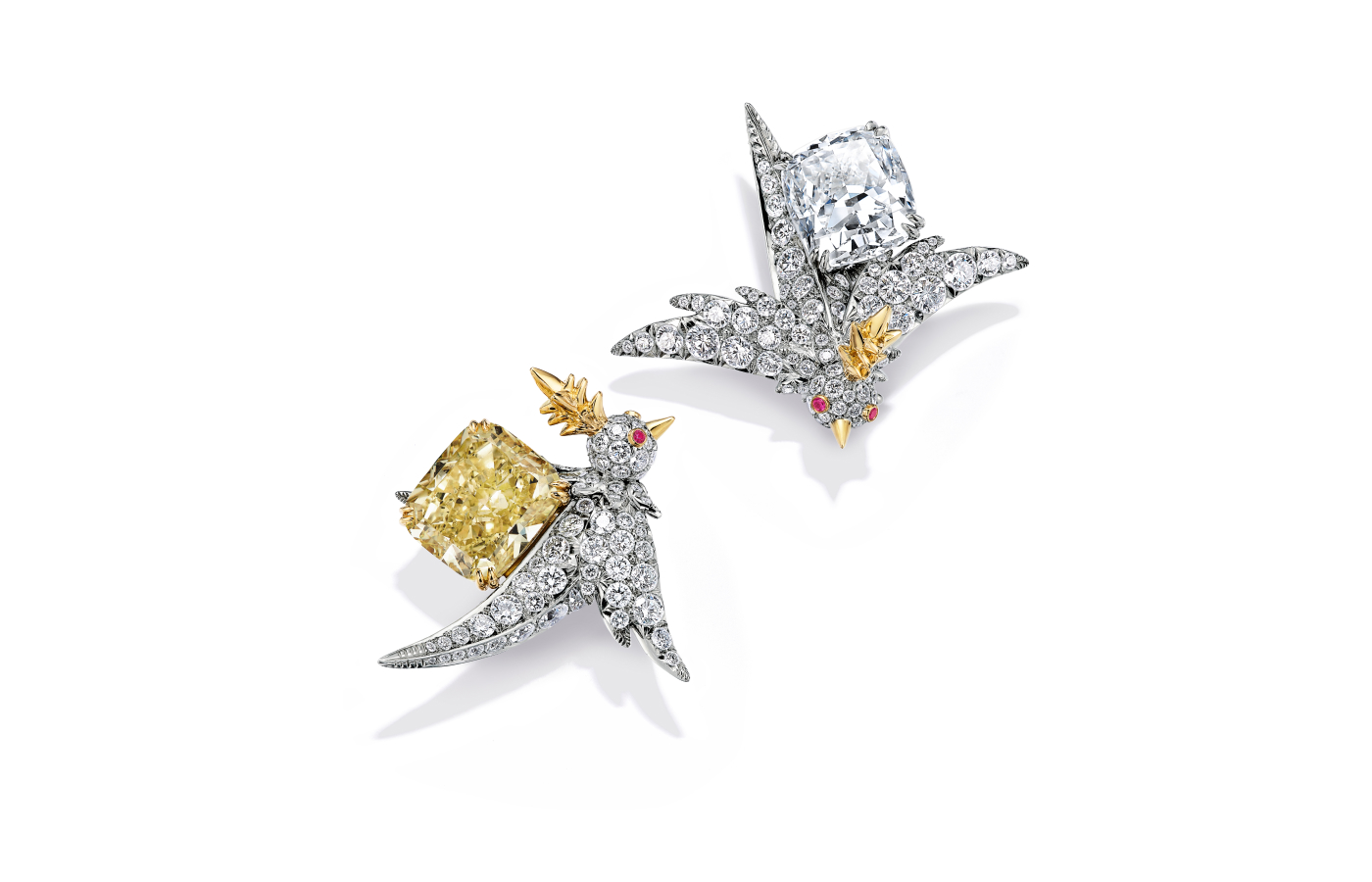 Tiffany & Co. Bird on a Rock earrings in gold, white gold, ruby, featuring yellow and white diamonds 