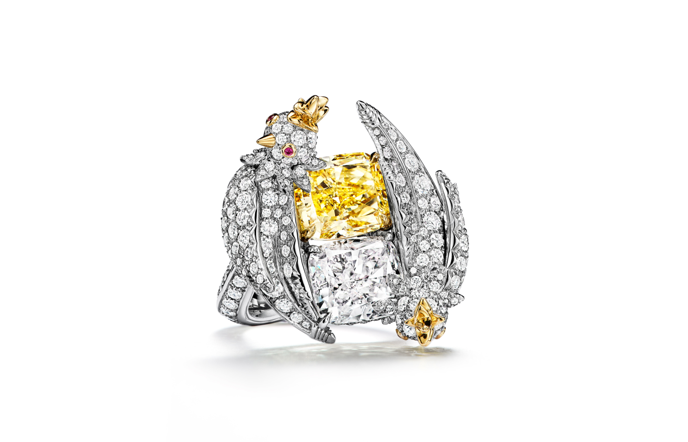  Tiffany & Co. Bird on a Rock ring in gold, white gold, ruby, featuring yellow and white diamonds 